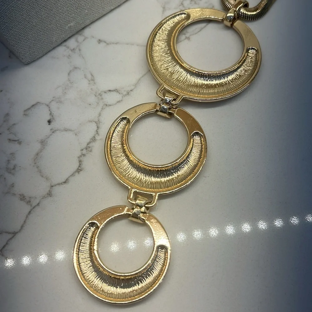 Designer Jules B Modernist Multi Circular 3 Hoop Pendant on a Long Snake Chain